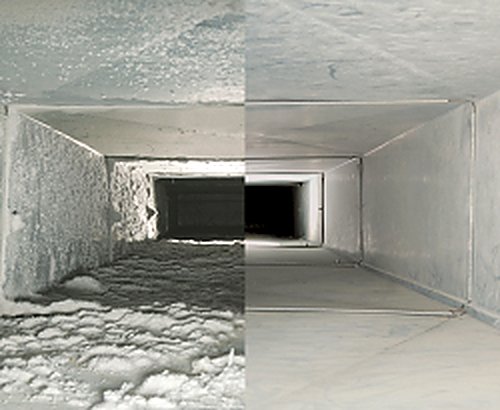 Duct interior shown before and after whole-system cleaning in a Noblesville IN home